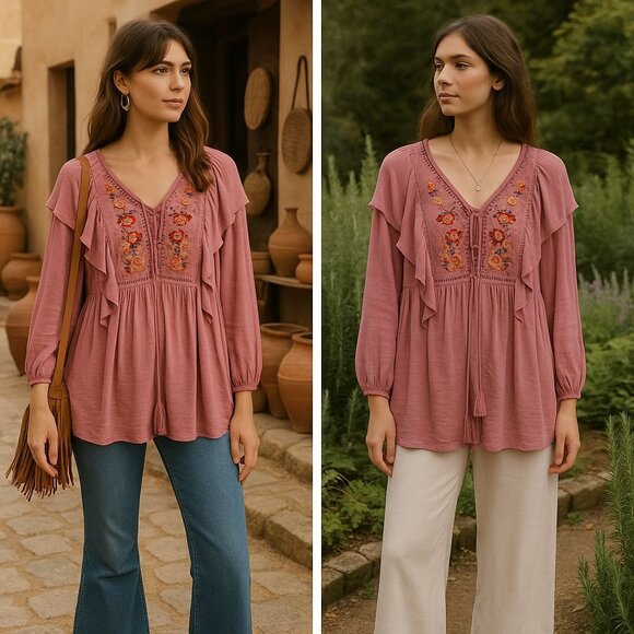 ODDY Mauve Woman’s Embroidered Peasant Ruffle Boho Top 3XL Cottagecore Statement - Picture 1 of 12